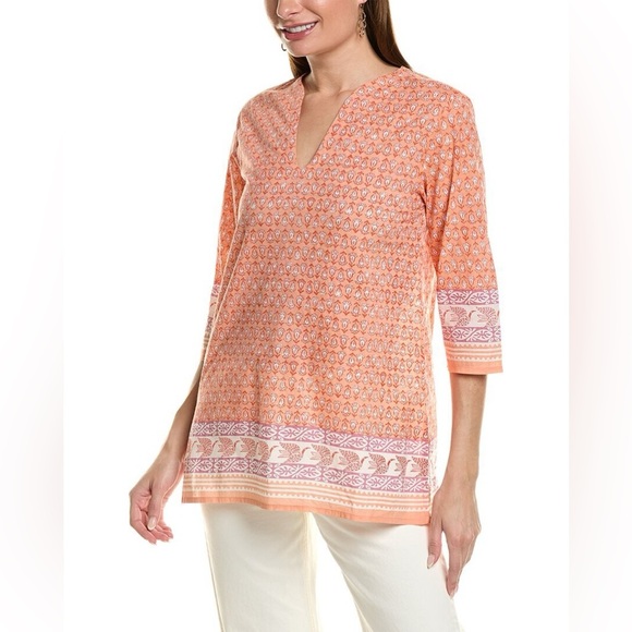 NEW Sigrid Olsen Women Tunic Top Size Small Orange White Embroidered Fan Printed - Picture 1 of 5